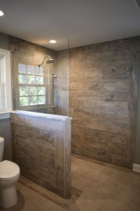 Oxford Master Bath - Farmhouse - Bathroom - Philadelphia - by Black Forest Design and Build | Houzz Rustic Alder Bathroom Vanity, Small Bathroom Ideas Remodel Walk In Shower Master Bath Simple, Modern Rustic Bathroom Designs, Master Bath Ideas Farmhouse, Lodge Bathroom Ideas, Rustic Master Bath Ideas, Mc Clubhouse, Lake House Bathroom Ideas, Rustic Master Bath