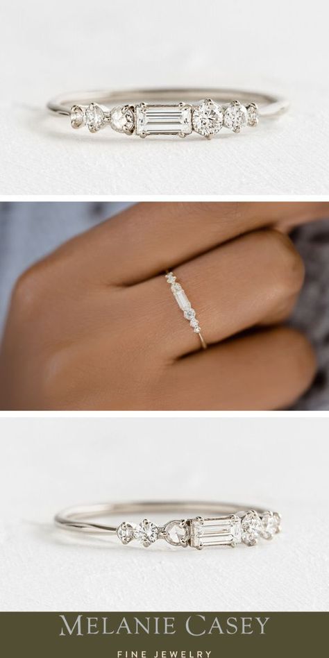 Non Conflict Engagement Rings, Stackable Bands With Engagement Ring, Baguette Diamond Stacking Ring, Band Of Diamonds Ring, Baguette Stacking Ring, Timeless Wedding Bands For Women, Petite Wedding Rings, Baguette Ring Stack, Simple Engagement Rings Dainty