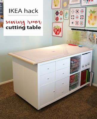 Cube Craft Table, Sewing Table Top, Diy Ikea Craft Table, Sewing Room Cabinets, Ikea Sewing Rooms Storage Cabinets, Ikea Workbench, Kallax Inserts, Ikea Sewing Rooms, Quilting Table