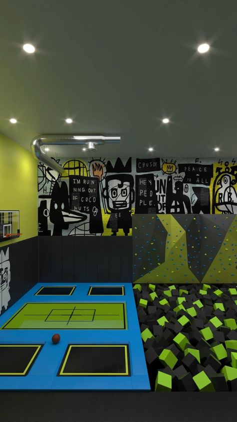 Indoor Playground Design Architecture, Trampoline House, Indoor Playground Design, Trampoline Room, Small Game Rooms, Backyard Trampoline, Kids Indoor Playground, Indoor Trampoline, Man Cave Home Bar