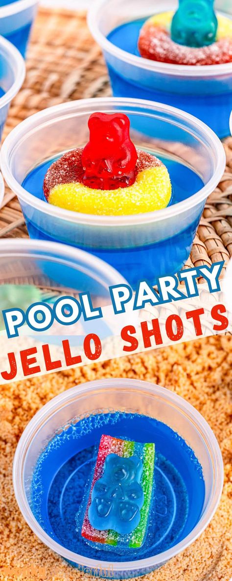 These POOL PARTY JELLO SHOTS are so much fun for your summertime parties. Blue Jello shots decorated with candy to look like gummy bears on pool floats. Pool Party Jello Shots, Party Jello Shots, Lemondrop Shot Recipe, Blue Jello Shots, Jello Flavors, Jelly Shots, Blue Jello, Best Summer Cocktails, Jello Shot Recipes