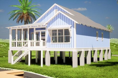 Enjoy the breezes from the front and rear screened porches on this 2-bed elevated beach house plan with 1, 366 square feet of heated living area. Designed on piers, the living area is safe from storm surges that may come through. Bedrooms line the left side of the home, leave the rest of the home open front - where the island kitchen is set - to back - where the family room is locted. The rear screen porch is 14'8" deep and serves as an outdoor living room. Enjoy the space when the temperatures Screened Pool House, Stilt House Plans Modern Small, Beach Bungalow Floor Plans, Small Coastal House Plans, Small Coastal House, Elevated Beach House Plans, Beach House Plans On Stilts, Raised House Plans, Small Beach House Plans