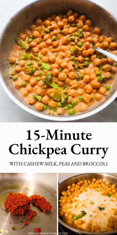 Easy chickpea curry, my current favorite dinner recipe! Make it with canned garbanzo beans, red curry paste and dairy-free milk in about 15 minutes. Vegetarian Chickpea Curry, Curry Chickpeas, Curried Chickpeas, Easy Chickpea Curry, Garbanzo Bean Recipes, Best Easy Dinner Recipes, Vegan Chickpea Curry, Chickpea Curry Recipe, Curry Ingredients