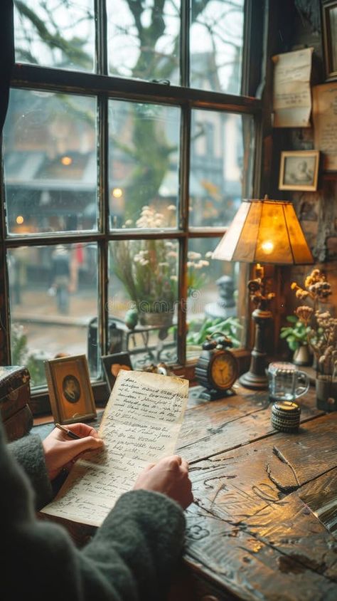 Person writing a letter by a window in a cozy, vintage-style room with warm lighting, perfect for storytelling or royalty free stock images Person Writing, History Decor, Writers Room, Writing Studio, Writing Room, Writing A Letter, Vintage Writing, Warm Lighting, Women Writing