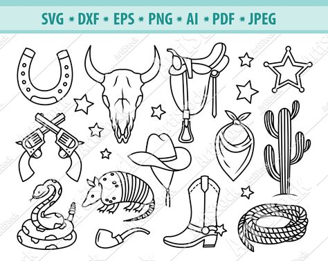 Bull Skull Svg, Cowboy Clipart, Western Svg, Cactus Svg, Cowgirl Tattoos, Western Embroidery, Digital Ocean, Western Tattoos, Skull Svg