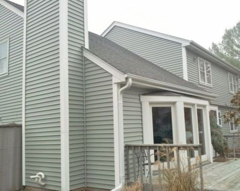 Sage Siding, Green Siding House, Duplex Remodel, Sage Green House, Vinyl Siding House, Siding House, Siding Colors For Houses, Coastal Colours, Green Siding