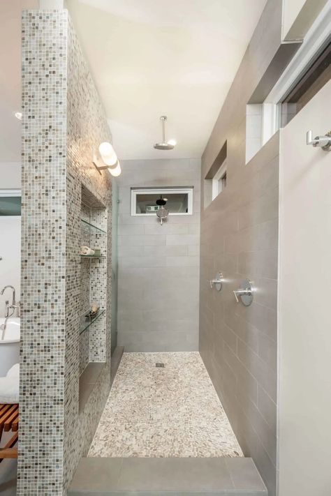 18 Doorless Shower Ideas - Bathrooms with Doorless Showers - Decor Snob Open Walk In Showers Half Walls, Large Showers Without Doors, No Glass Walk In Shower Ideas, Doorless Walkin Shower Master Bath, Walk In Shower With Full Wall, Doorless Double Showers Walk In, Long Narrow Walk In Shower Ideas, Roll In Shower No Door, Tiled Shower Ideas Walk In No Doors