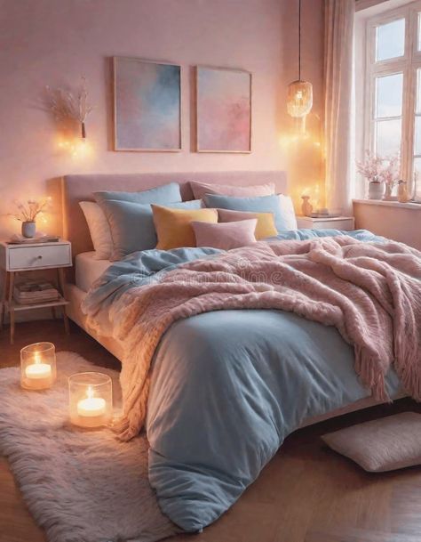 Cozy Bedroom in Pink and Blue Pastel Colors stock photo Light Blue And Pink Bedroom Girly, Pink Blue Bedding, Dusty Rose And Blue Bedroom, Pastel Master Bedrooms Decor, Light Blue And Pink Bedroom Ideas, Peach And Blue Bedroom Ideas, Pink And Blue Teenage Bedroom, Pale Blue And Pink Bedroom, Light Pink And Light Blue Aesthetic