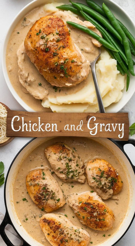 Craving a comforting, savory dish? This Chicken and Gravy recipe is perfect for cozy dinners, with juicy chicken and silky, flavorful gravy over mashed potatoes! Light Chicken Gravy, Chicken Recipes That Go With Mashed Potatoes, Easy Dinner With Mashed Potatoes, Chicken Thigh Mashed Potatoes, Gravy Recipe Easy Chicken, Dairy Free Chicken And Gravy, Chicken And Mash Potatoes Recipes, Home Made Chicken Gravy, Recipes With Chicken Gravy