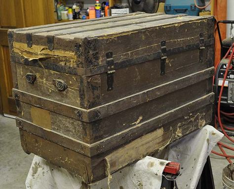 Steamer Trunk Makeover, Trunk Redo, Antique Trunk Restoration, Trunk Makeover, Vintage Steamer Trunk, Trunk Furniture, Antique Steamer Trunk, Old Wooden Boxes, Wooden Trunks