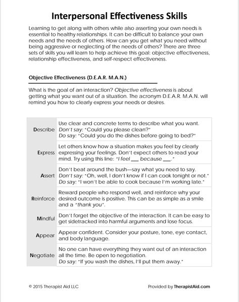 Dbt interpersonal effectiveness skills - communicating needs - therapist aid Interpersonal Effectiveness Skills, Interpersonal Skills Activities, Therapist Aid Worksheets, Mental Health Occupational Therapy, Worksheets For Adults, Interpersonal Communication Skills, Mindful Self Compassion, Couples Therapy Worksheets, Dbt Therapy