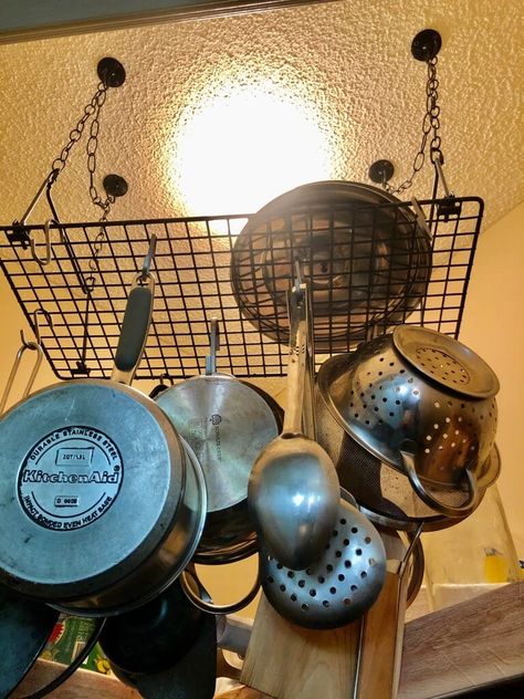 5 hanging pot racks to keep pots & pans within reach - IKEA Hackers Ikea Grejig Hack, Grejig Ikea Hack, Grejig Ikea, Pan Rack Hanging, Small Corner Pantry, Hanging Pot Racks, Pan Hanger, Hanging Pot Rack, Ceiling Hangers