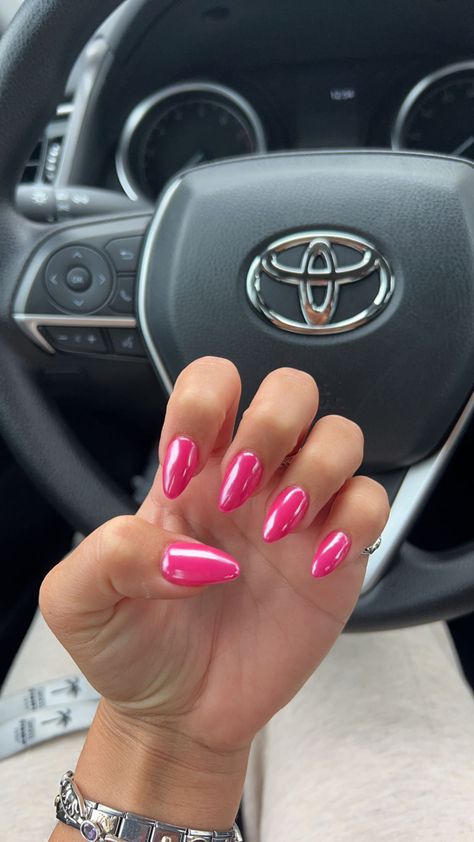 Hot Pink Acrylic Almond Nails, Hot Pink Gel X Nails, Vacation Nails Almond Shape Pink, Hot Pink Ombre Nails Almond, Hot Pink Crome Nails Almond, Strawberry Pink Chrome Nails, Bright Pink Nails With Chrome, Hoco Nails Hot Pink, Homecoming Nails Hot Pink