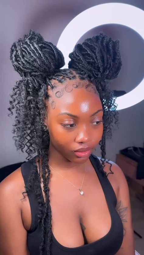 Faux loc space buns with curly ends by @x.tensionz ✨ Using: X-Pression – Twisted Up – BORABORA LOCS 24” 3X X-Pression – Twisted Up – WATERWAVE FRO TWIST... | By Outre | Facebook Locs Two Buns, Faux Loc Bun, Loc Space Buns, Locs With Curly Ends, Space Bun, Faux Loc, Two Buns, Space Buns, Hair Ponytail