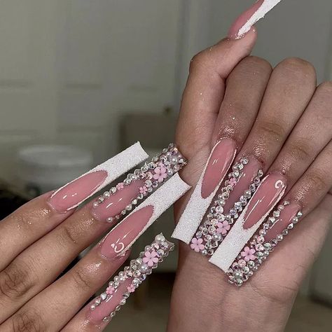 Custom Handmade 3XL Extra Long Press On Nails 5CM Glittery Rhinestone Flower False Nail Tips XXXL Fye Nails, Pink Nail Art Designs, Long Press On Nails, Long Nail Designs, Cute Acrylic Nail Designs, Pink Nail Art, Nail Candy, Glamorous Nails, Unique Acrylic Nails