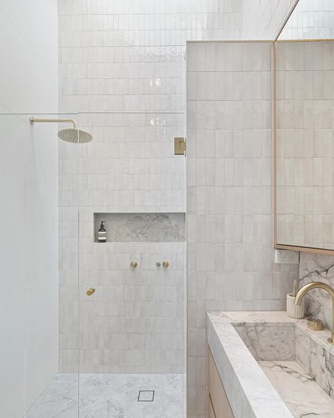 The master ensuite of our Gables project in Burraneer. A soft dreamy space designed for two to share. . . Key features being a double vanity custom made from Calacutta Vagli Marble and the outrageously tall double shower, positioned beneath a skylight accentuating the 4 metre peak of the raked ceilings. 🔥🔥🔥 #bathroomdesign #bathroom #bathroominspo #bathroomgoals #interiors #homedesign Double Shower Ensuite, Vagli Marble, Skylight Bathroom, Shower Dimensions, Modern Master Bath, Dreamy Space, Raked Ceiling, Master Ensuite, Double Shower