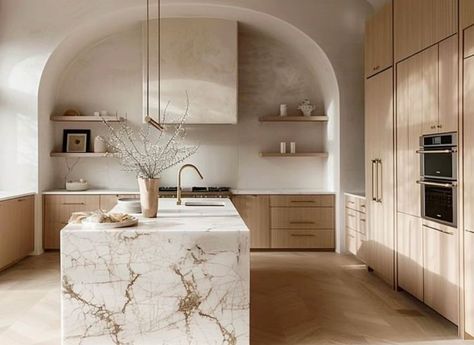 Arches In Kitchen, Rounded Kitchen Island, Neutral Home Aesthetic, Japandi Kitchen, 2024 Kitchen, Mediterranean Home, House Design Kitchen, Luxury Kitchen Design, House Supplies