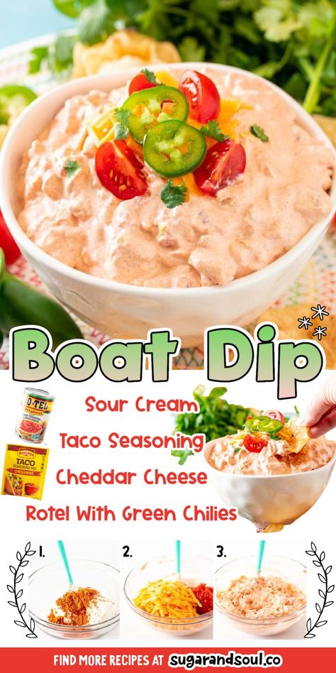 Boat Dip is Tiktok's favorite dip recipe that's filled with mouthwatering Mexican flavor and is made with only 4 ingredients in 5 minutes! This chilled dip makes the best summertime snack! via @sugarandsoulco Boat Dip Recipe, Boat Dip, Delicious Dips Recipes, Lake Food Ideas Summer, Food Ideas Summer, Lake Food Ideas, Best Appetizer Recipes, Dip Recipes Easy, Boat Food