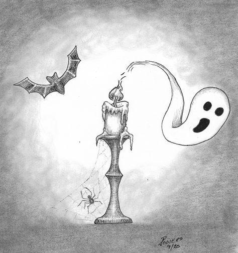 Spooky Candle Drawing, Halloween Candle Drawing, Candle Art Drawing, Ghost Art Cute, Candle Sketch, Scary Candles, Halloween Sketches, Drawing Spider, Easy Halloween Drawings