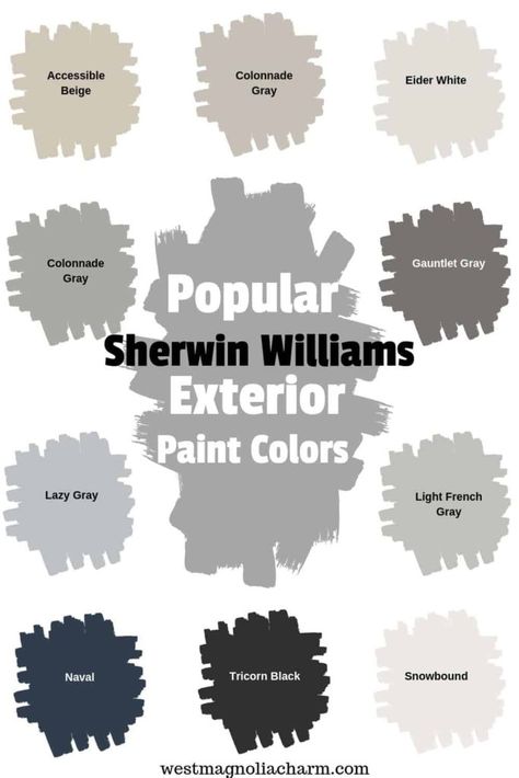 Check out some of the most popular Sherwin Williams exterior paint colors. These Sherwin WIlliams paint colors are guaranteed to boost the curb appeal of your homes exterior. #exterior #painting #outdoor #curbappeal Sherwin Williams Exterior Paint, Outdoor House Paint, Sherwin Williams Exterior Paint Colors, Grey Exterior House Colors, Sherwin Williams Exterior, Exterior Gray Paint, Gray House Exterior, House Paint Color Combination, Color Combinations Paint