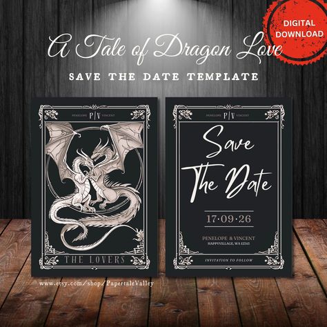 A Tale of Dragon Love Wedding Save the Date Invitation Template | Dragon Save the Date | Tarot Wedding Invitation | Instant download Viking Save The Date, Dragon Wedding Invitations, Dragon Themed Wedding, Dragons In Love, Tarot Wedding, Dragon Wedding, A5 Printables, Date Invitation, Spelling And Grammar