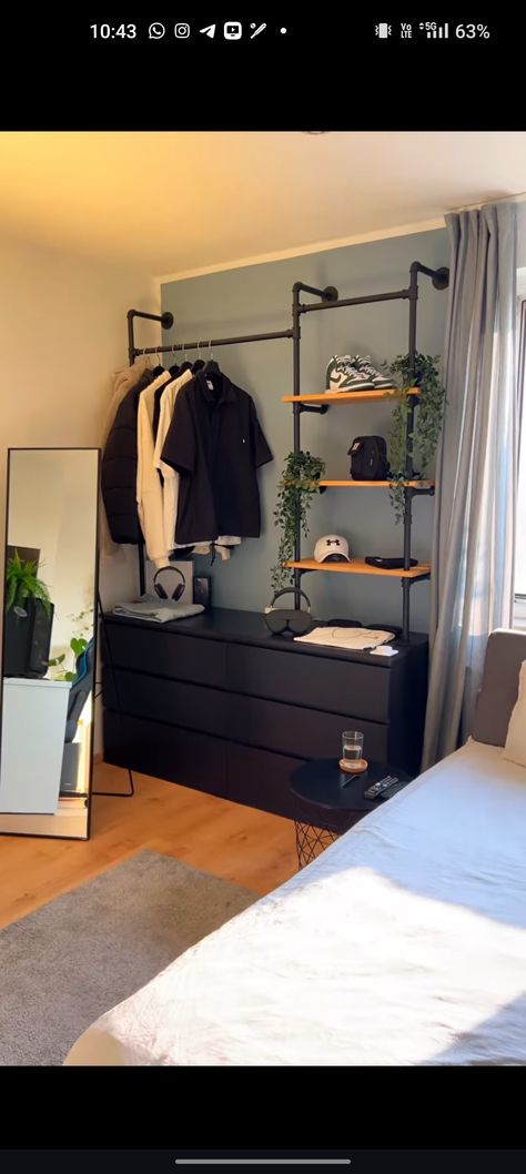 Guy’s Bedroom Ideas, Two Room Apartment Ideas, Men’s Clean Room Aesthetic, Aesthetic Storage Ideas For Bedrooms, Minimal Male Bedroom, Black And Wood Room Aesthetic, Small Room Renovation Ideas Bedroom, Built In Open Wardrobe, Room With Black Furniture Bedroom