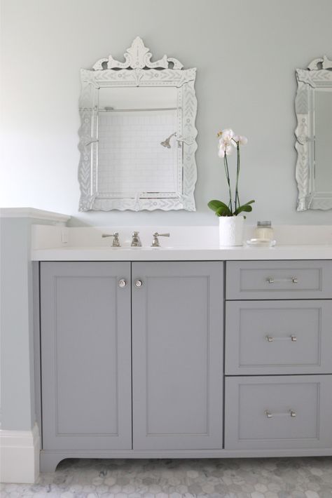 Cabinet painted in Coventry Gray Benjamin Moore. Studio McGee Design. Gray Cabinet, Best Gray Paint, Coventry Gray, Cabinet Paint, Gray Vanity, Cabinet Paint Colors, Bad Inspiration, Bathroom Paint Colors, Paint Colors Benjamin Moore