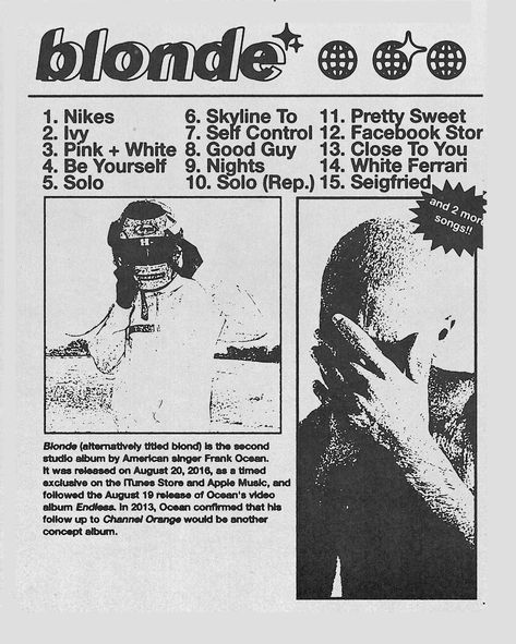 Frank Ocean's "Blond" with our retro-inspired poster. Capturing the essence of the iconic album, this visually striking piece seamlessly blends vintage aesthetics with modern vibes. Elevate your space with the timeless allure of "Blond" and immerse yourself in the magic of Frank Ocean's masterpiece. Blond Frank Ocean Poster, Blond Poster, Poster Frank Ocean, Blond Frank Ocean, Blonde Album, Frank Ocean Poster, Wall Decor Music, Ocean Poster, Music Poster Ideas