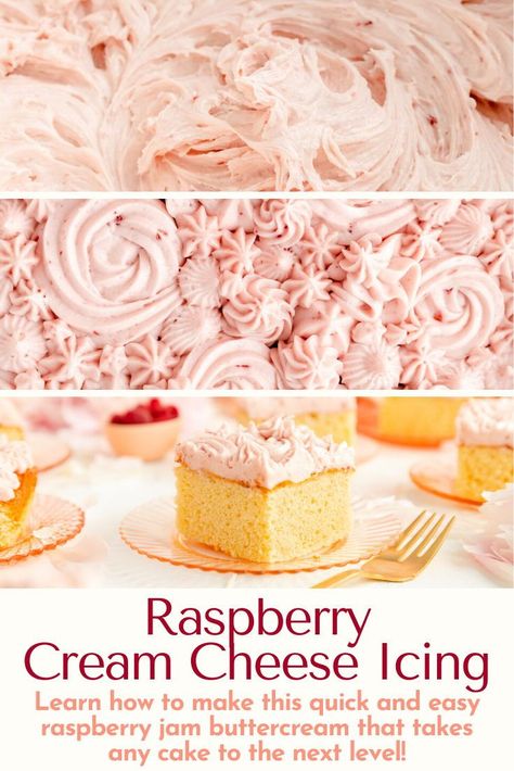 This homemade Raspberry Cream Cheese Frosting is a super easy and delicious raspberry jam buttercream, ready in just 10 minutes! Lemon Raspberry Cake Cream Cheese Frosting, Raspberry Icing Using Jam, Raspberry Frosting With Jam, Raspberry Jam Frosting, Raspberry Buttercream Frosting With Jam, Raspberry Cream Filling For Cake, Raspberry Jam Cake Recipe, Raspberry Cream Filling, Jam Buttercream