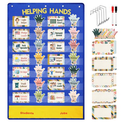 PRICES MAY VARY. Helping Hands Pocket Chart Set: you will receive 88 pieces of class jobs pocket card set, including 1 behavior pocket chart, 5 grommets, 15 job cards (light helper, board chief, etc.), 15 blank dry erase job cards for customization, 50 write /wipe off colorful palm cards for writing your kid's name and 2 dry erase pen in red and black respectively Everyone is Welcome Theme Design:our job cards and palm grab students' attention with a colorful and stylish design,enhancing their e Class Jobs Chart, Preschool Job Chart, Classroom Jobs Chart, Preschool Jobs, Classroom Job Chart, Classroom Helpers, Job Cards, Class Jobs, Job Chart