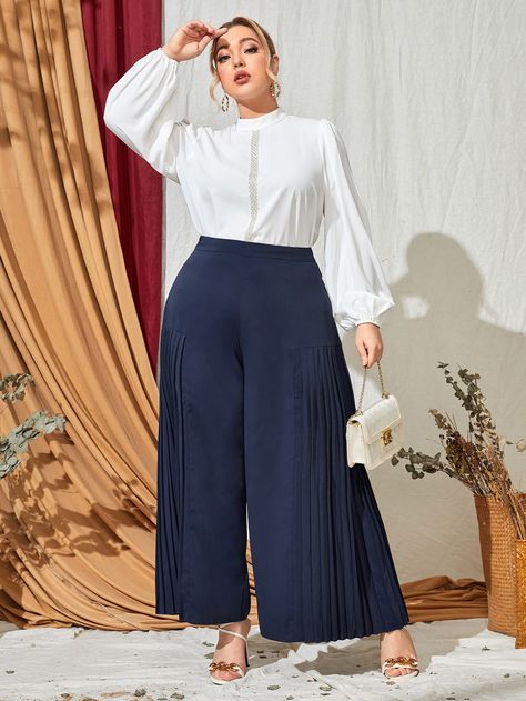 Navy Blue Elegant   Polyester Plain Wide Leg  Non-Stretch Spring/Summer/Fall Plus Size Bottoms Navy Blue Bottoms Outfit, Holiday Outfits Plus Size, Plus Size Holiday Outfits, 70s Aesthetic Fashion, Chubby Aesthetic Outfit, Chubby Outfit Ideas, Blue Pants Outfit, Plus Size Holiday, Wide Leg Pants Plus Size