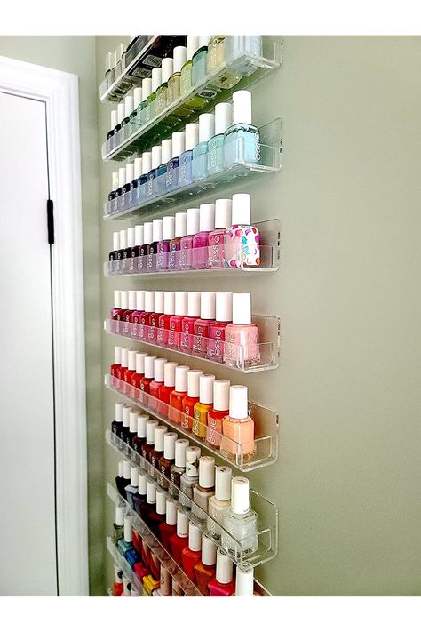 Nail Storage Ideas, Nail Polish Wall Rack, Nail Polish Stand, Beauty Shop Decor, Nail Organization, Nail Polish Display, Nail Polish Shelf, Nail Polish Holder, Acrylic Nail Polish