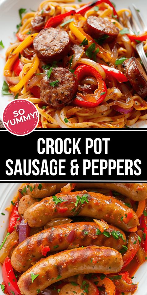 This Crock Pot Sausage and Peppers dish is a simple, satisfying, and nutritious dinner idea. It’s a classic Italian dish that combines juicy sausages, colorful bell peppers, onions, garlic, and marinara sauce, all cooked to perfection in your slow cooker. Italian Sausage Peppers And Onions Crockpot, Slow Cooker Sausage Peppers And Onions, Crockpot Sausage And Peppers Easy, Crockpot Brats And Peppers, Sausage And Peppers Crockpot Slow Cooker, Brats And Peppers And Onions, Sausage And Peppers In Crockpot, Crockpot Brats Slow Cooker, Italian Sausage And Peppers Crockpot