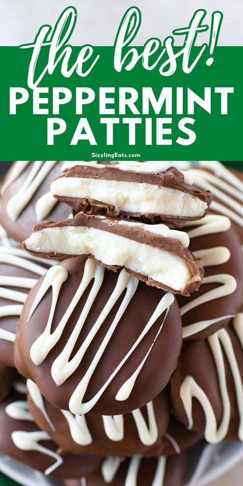 An opened white chocolate drizzled peppermint patty on a plate. Melted Chocolate Recipes, Peppermint Patties Recipe, Peppermint Patty Recipe, Mint Patties, Homemade Peppermint Patties, Chocolate Festival, Candy Truffles, Patties Recipe, Easy To Make Desserts