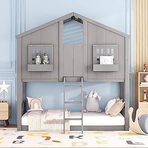 Harper & Bright Designs House Bunk Bed Twin Over Twin for Kids, Wood Bunk Beds with Roof, Windows, Window Box and Small Door, Floor Bunk Beds with Ladder and Guard Rails for Girls Boys,Grey Farmhouse Bunk Beds, Wooden Bunk Bed, House Bunk Bed, Wooden Bunk Beds, Wood Bunk Beds, Top Bunk, Bed Shelves, Twin Bunk Beds, Kids Bunk Beds