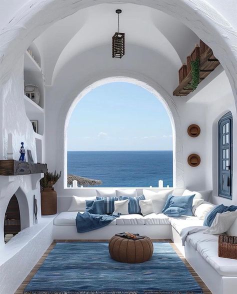 Greek Bedroom, Greek Style Home, Greece House, Santorini House, Elegant Lifestyle, Wooden Sofa Set Designs, Luxury Beach House, Greek House, Beach House Design