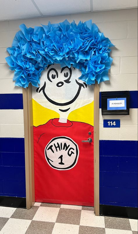 Thing 1 decor on my 4th grade classroom door for Read Across America and Dr. Seuss’ birthday! Read Across America Ideas For High School, Read Across America Classroom Door, Dr Suess Read Across America Week, Book Week Classroom Doors, Read Across America Door Ideas, Thing 1 And Thing 2 Door Decorations, Reading Across America Ideas For School, Dr Seuss Doors Classroom, Dr Seuss Decorations School