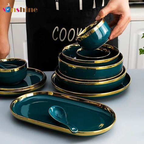 Nordic Ceramic Gilt Rim Dinner Tableware Household Porcelain Dinnerware Plate set Green Dinnerware Set, طقم شاي, Green Dinnerware, Unique Plates, Green Plates, Ceramic Dinnerware Set, Nordic Lights, Sac Lunch, Ceramic Dinnerware