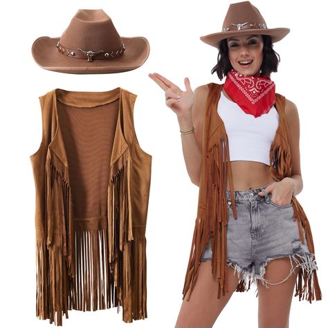 PRICES MAY VARY. 【3Pcs Western Cowgirl Accessories】This cowgirl costume set includes 1 brown fringe cardigan, 1 brown cowgirl hat, and 1 red scarf. Bring an extra touch of the old west to your wardrobe. 【Stylish Fringe Vest & Classic Cowgirl Hats 】The cowgirl vest features a long fringe design and the brown cowboy hat features a classic cowboy crease style crown and a high-quality leather hatband, crafted with attention to detail. Effortlessly achieving Western cowboy style, a 70s hippie vibe, a Brown Cowgirl Hat, Cowgirl Costume For Women, Cowgirl Vest, Costume Cowgirl, Western Cowgirl Outfits, 70s Disco Outfit, Womens Western Hats, Women 70s, Sombrero Cowboy