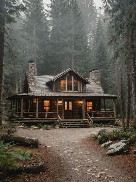 Oregon Houses Woods, Cabin Aesthetic Exterior, Shed In The Woods, Log Cabin Houses, Remote House, Two Story Cabin, Big Cabin, Farmhouse Exterior Ideas, Log Homes Exterior