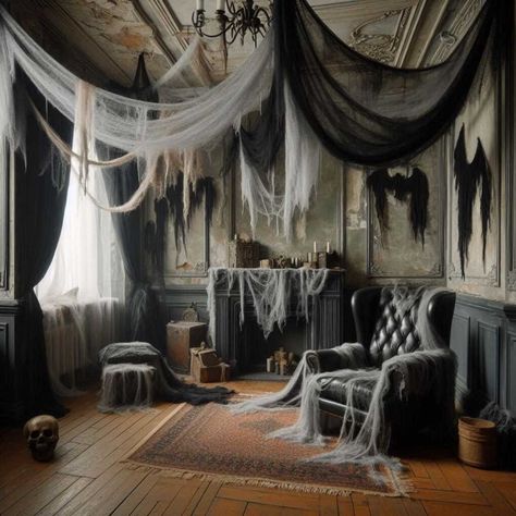 15 Halloween Decorations Indoor Ideas: Spook Up Your Space » HomeDecorFull Spooky Fabric Decor, Creepy Indoor Halloween Decorations, Haunted House Wall Decor, Immersive Halloween Decor, Halloween Ceiling Decor Ideas, Haunted House Dining Room, Indoor Scary Halloween Decor Ideas, Scary Halloween Indoor Decor, Scary Halloween Mirror Writing