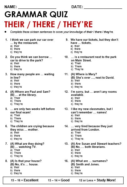 Their / There / They're - All Things Grammar They’re There Their, There Their They're Worksheet, Grammar Worksheets High School, Their There They're, There Their They're, English Grammar Quiz, Esl Grammar, Grammar Quiz, Grammar For Kids