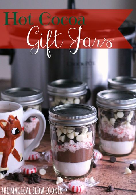 Hot Cocoa Gift Jars l The Magical Slow Cooker Slow Cooker Candy, Hot Cocoa Mix Recipe, Gift Jars, Hot Cocoa Gift, Diy Hot Cocoa, The Magical Slow Cooker, Cocoa Gift, Cocoa Recipes, White Hot Chocolate