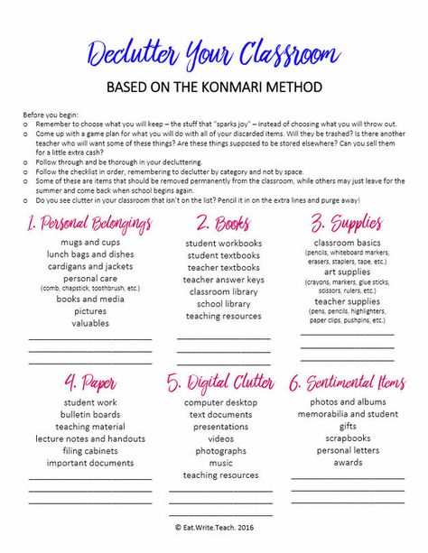 Eat. Write. Teach.: Konmari for the Classroom Classroom Checklist, Free Classroom Printables, Clean Classroom, Clutter Free Classroom, Classroom Makeover, Teachers Corner, Class Organization, Classroom Organisation, Konmari Method