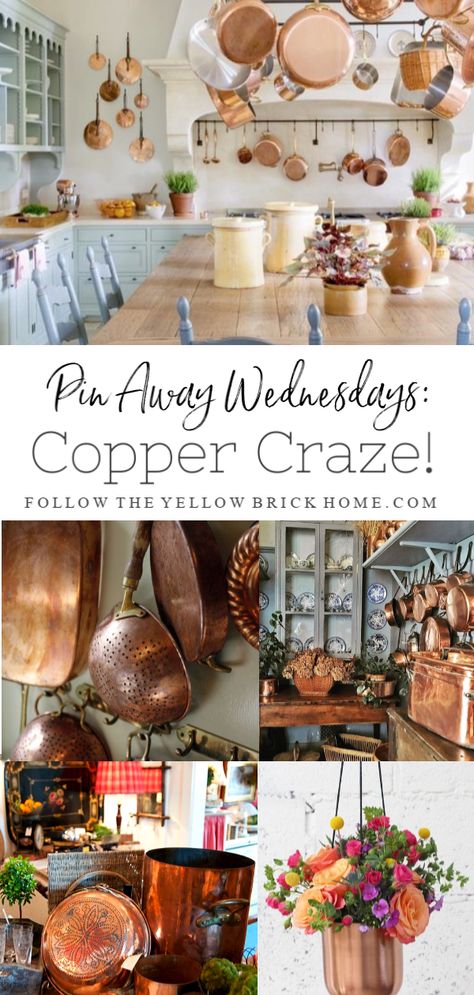 Collecting Copper Decorating with copper tips for cleaning copper and health benefits of drinking from copper Copper Decor Kitchen Ideas, Vintage Copper Kitchen Decor, Fall Copper Decor, Decorating With Copper Pots, Decorating With Copper Accents, Copper Pot Display, Decorating With Brass Accents, Decorating With Copper In The Kitchen, Copper Kettle Decor Ideas