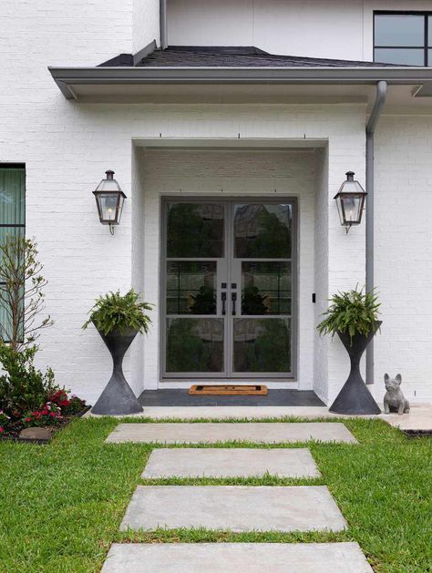 Front Walkway Ideas Entrance Pathways, Paver Walkways To Front Door, Front Walkway Ideas, Landscaping Entrance, Front Walkway Landscaping, Orange Front Doors, Wood Walkway, Brick Walkway, Walkway Ideas