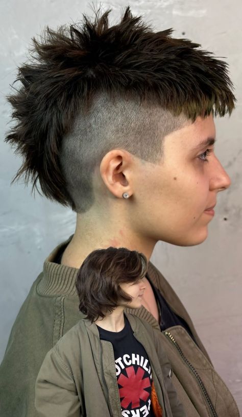 Men Punk Haircut, Short Punk Hairstyles Men, Dyed Hairstyles For Short Hair, Really Thick Short Hair, Unique Haircuts Men, Mohawk Unstyled, Short Alternative Haircuts Men, Short Alt Haircuts Men, Short Mowhak Hairstyle Woman