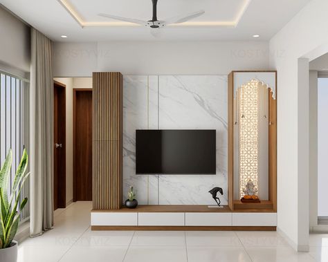 Tv Unit Temple Design, Temple With Tv Unit, Tv Unit With Pooja Unit In Living Room, Tv Unit Attached Mandir, Tv Unit With Temple Design, Tv Unit With Pooja Unit, Scandinavian Tv Unit, Pooja Unit, Modern Tv Unit Designs