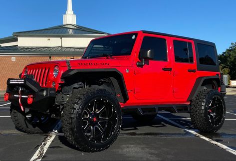 Red Jeep Wrangler Unlimited, Cool Jeeps Wrangler, Jeep Wheels And Tires, Black Jeep Wrangler Unlimited, Jeep Tires, Car Manifestation, Jeep Wrangler Tires, Red Jeep Wrangler, Black Jeeps