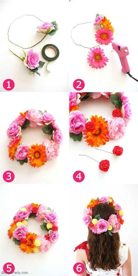 DIY Pretty & Easy Flower Crowns - learn to craft these fashion accessories for your Cinco de Mayo celebrations, weddings or Mother's Day party! by BIrdsParty.com @BirdsParty Bachelorette California, California Bachelorette, Hawaii Bachelorette, Tropical Bride, Flower Headband Diy, Mother's Day Party, 70s Wedding, Handmade Flower Crown, Săpunuri Handmade